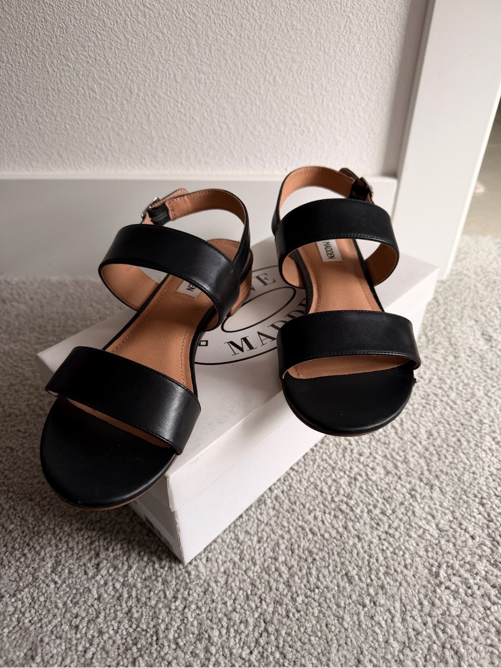 Steve Madden Tamara Black Two-Strap Leather Sandals